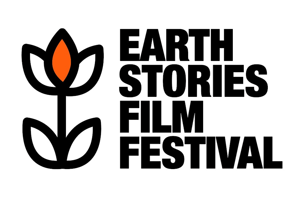 black text reads Earth Stories Film Festival with graphic of 3 leafed flower with orange middle leaf