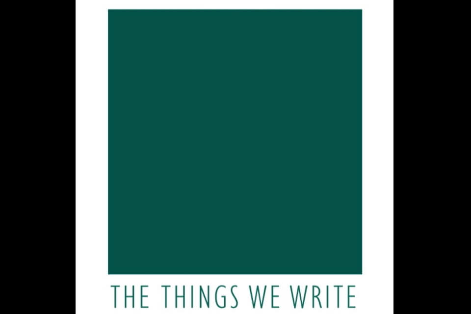 a teal green square with the writing The Things We Write written in the same colour beneath