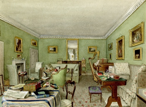 The drawing room at Cheverells, Hertfordshire, c.1840, watercolour by Charlotte Augusta Sneyd [SW 3]