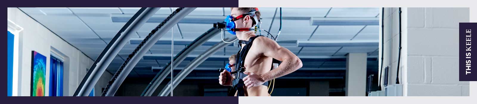 Athlete running on treadmill wearing breathing equipment