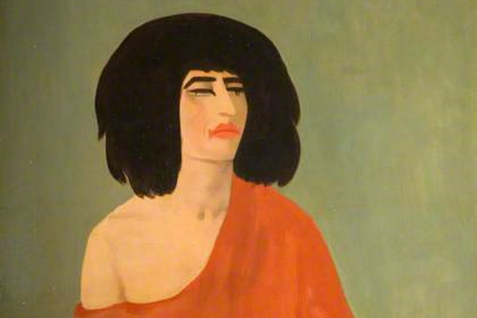 Painting Rohalla by Jacob Kramer. Lady in red, seated, lipstick and eye makeup smeared, black hair.