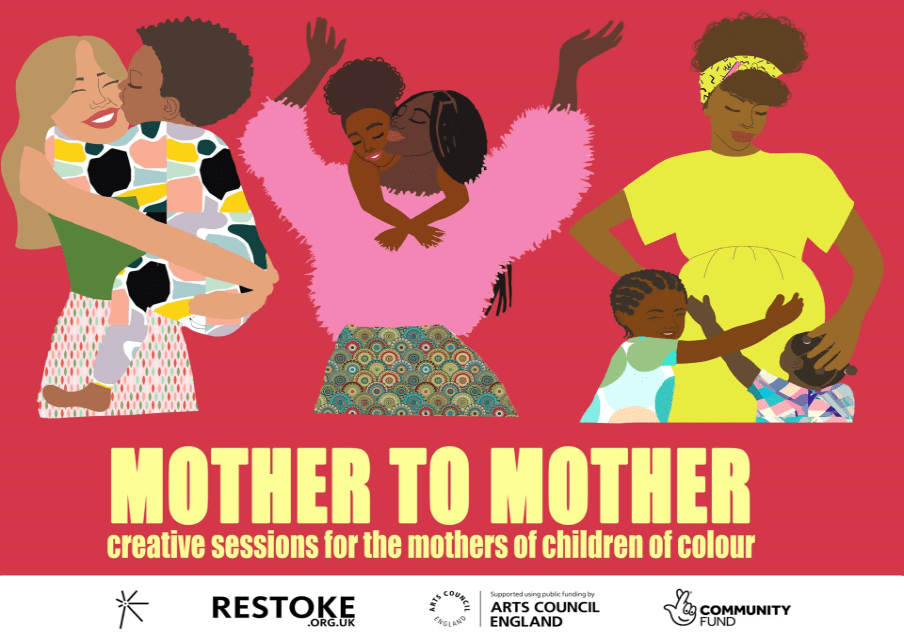 Illustration of women and children of colour, on a pink background