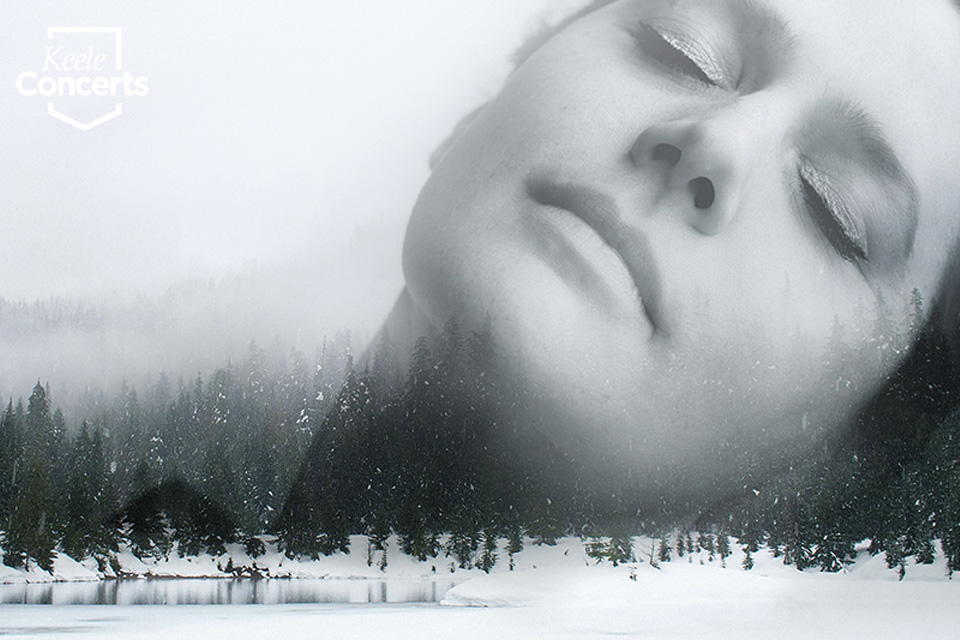 a woman's head, superimposed above a snowy forest, with her eyes closed in a dream-like state