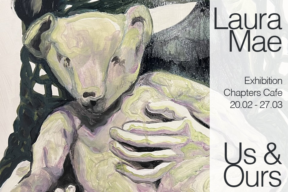 a close up of a painting in greens, whites and purples of someone holding a teddy bear