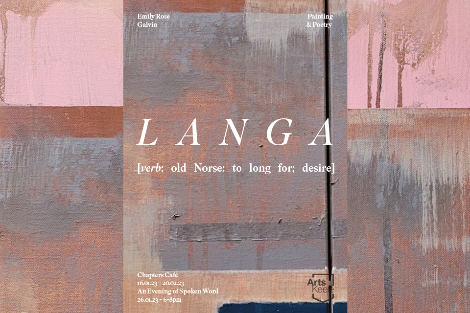 A pink abstract painting with the text 'LANGA' overlaying