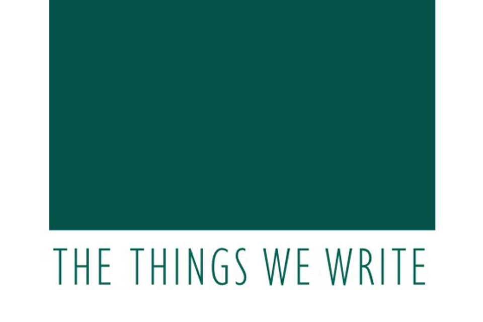 a teal colour block with the text 'the things we write' below, white background