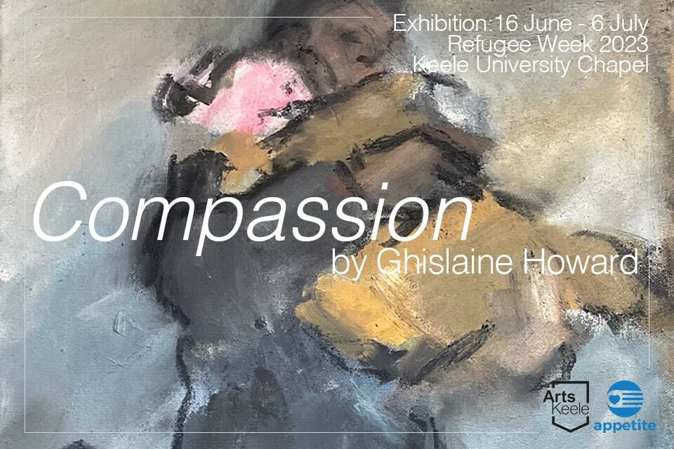 Painting person holding a small child. The child is wearing yellow and adult mute tones of blue.