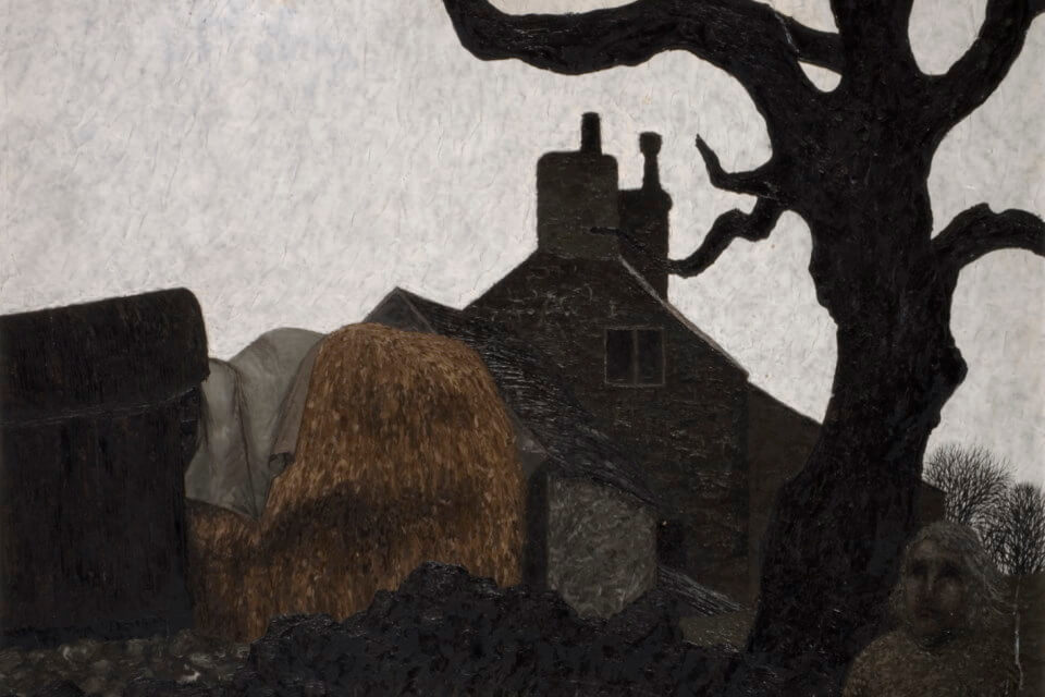 dark silhouette of a building, large tree, white sky, hay on cart, face in the right low corner
