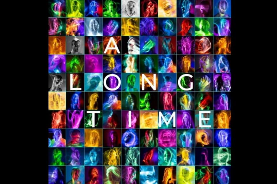 A tiled image made up of lots of colourful photo portraits with the words A Long Time over the top