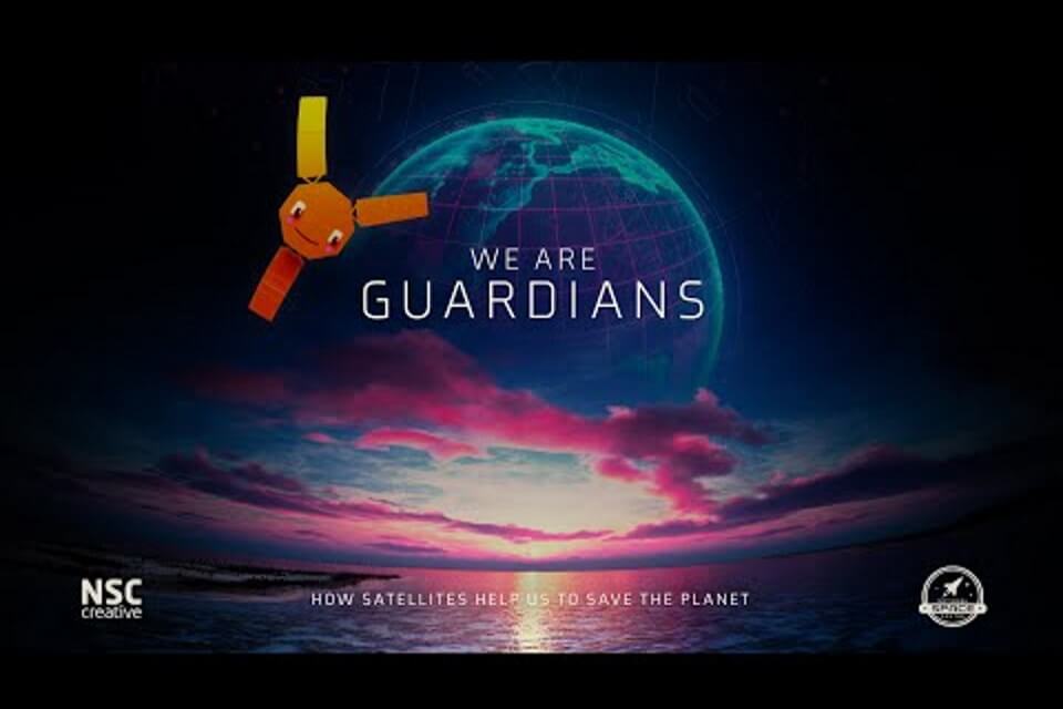 image of the horizon with a purple blue sunset and the earth rising behind, words We are Guardians