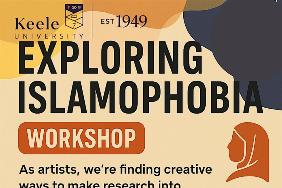 Poster with text Exploring Islamophobia on it colours blacks, oranges and yellows