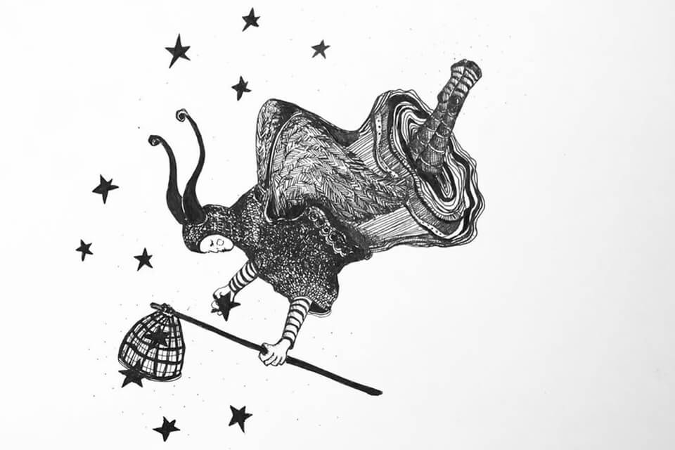 illustration featuring a flying figure catching stars in a net