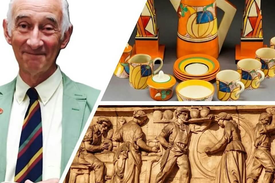 collage of images featuring Paul Atterbury, ceramic items and wall art