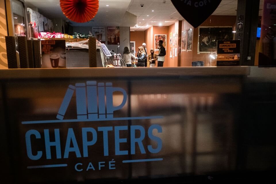 image looking through the windows of Chapters Cafe