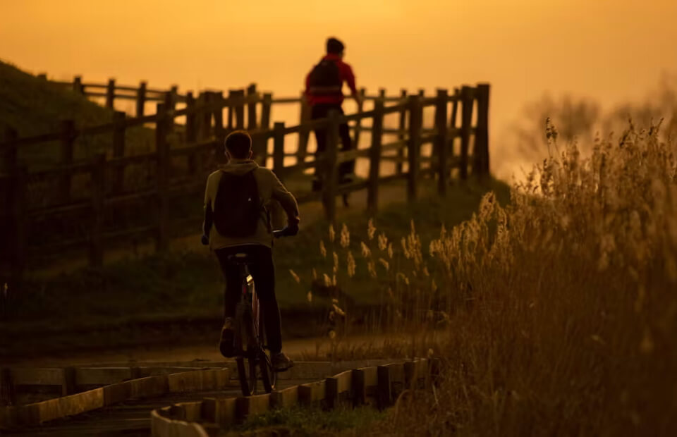 A silhouette of a person riding a bike on a wooden boardwalk with orange sky in the background