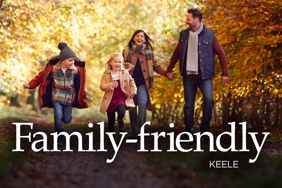 A family walking along a tree-lined path in autumn.  Text: Family-friendly Keele
