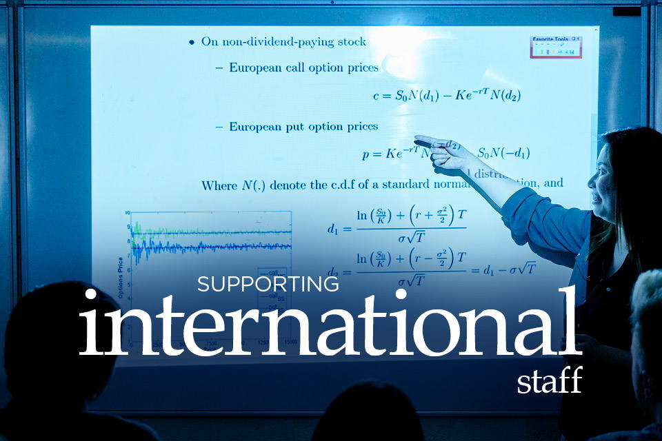 Text: Supporting international applicants.  Photo: Somebody standing in front of a whiteboard in a lecture setting.