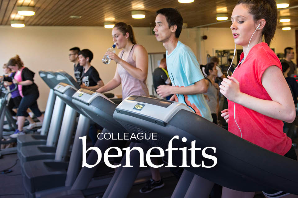 Text: Colleague benefits.  Image: Photo of people exercising in Keele's Sports Centre