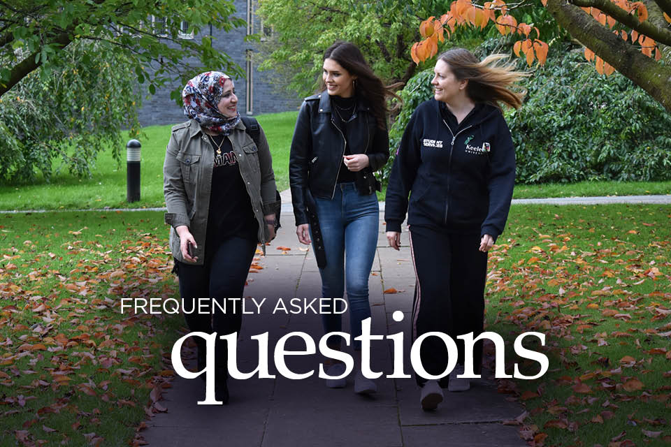 Text: Frequently-asked questions.  Image: Three students smiling while walking down a tree-lined path at Keele.