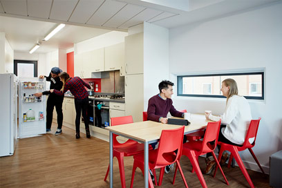 Students in a kitchen in Barnes Y block