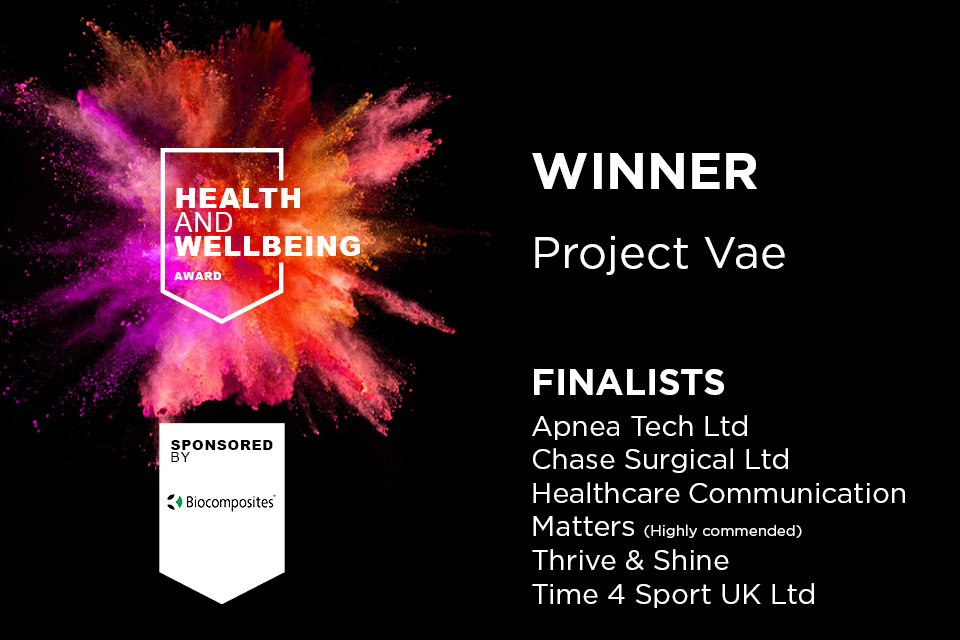 Health and Wellbeing award, sponsored by Biocomposites.  Won by Project Vae.