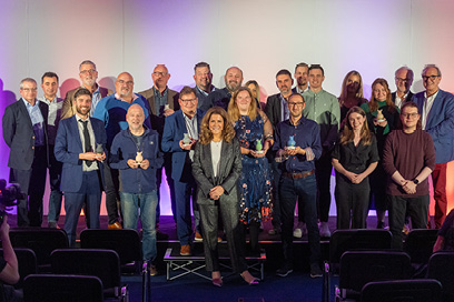Breaking the Mould 2023 - all winners on stage with host Natasha Kaplinsky
