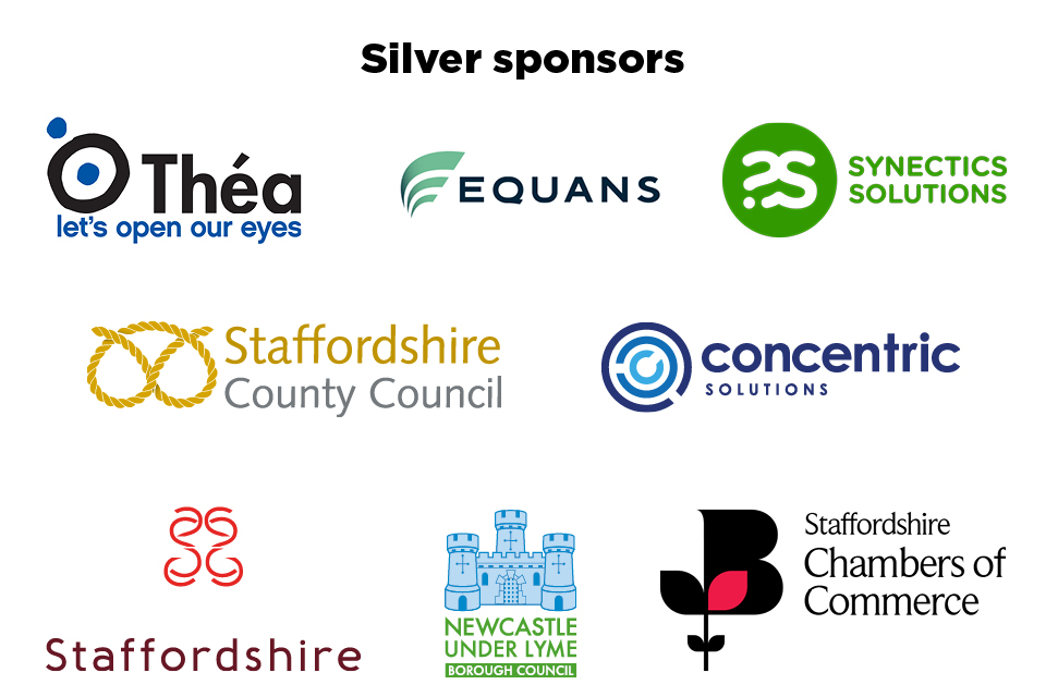 Logos of our Silver sponsors: Thea Pharmaceuticals, EQUANS, Synectics Solutions, Staffordshire County Council, Concentric Solutions, We Are Staffordshire, Newcastle-under-Lyme Borough Council, and Staffordshire Chambers of Commerce.