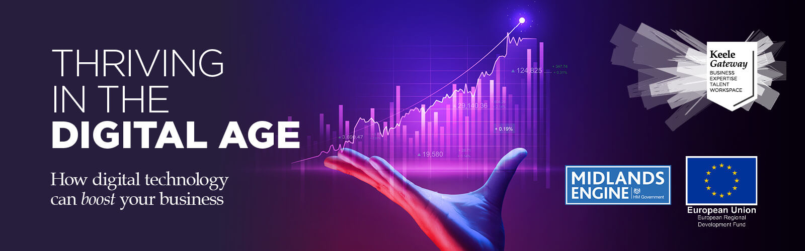 Hand 'holding' a graphic of a bar chart showing increase, purple and blue hues. Text overlay 'Thriving in the Digital Age, How digital technology can boost your business', Keele Gateway, Midlands Engine and ERDF logo.