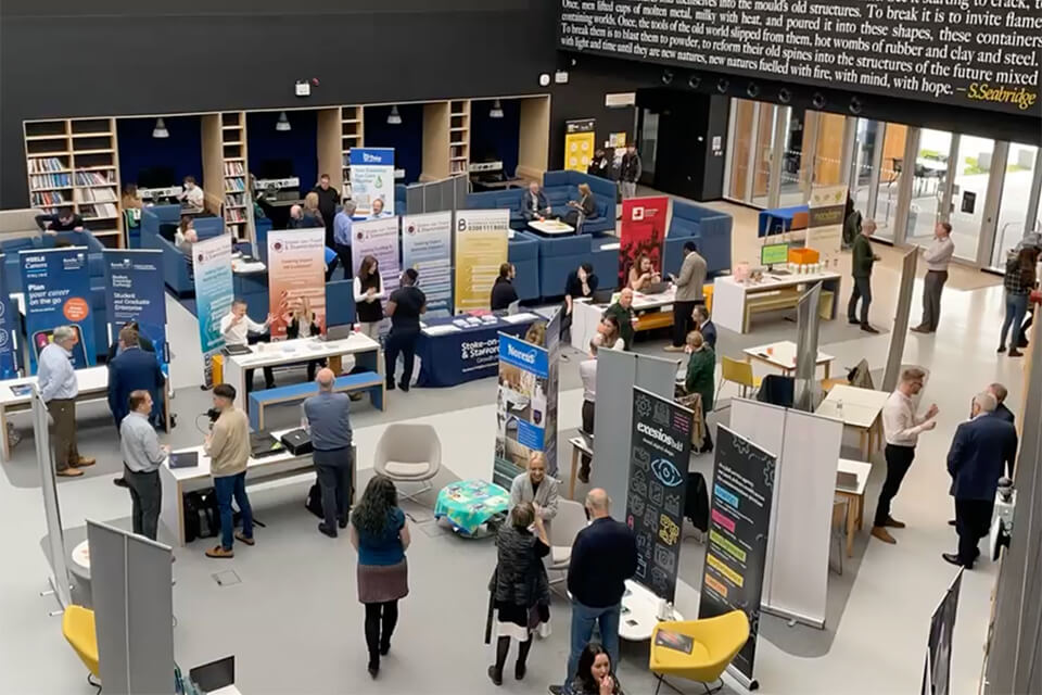 Overhead view of stands at Keele University's last Expo event