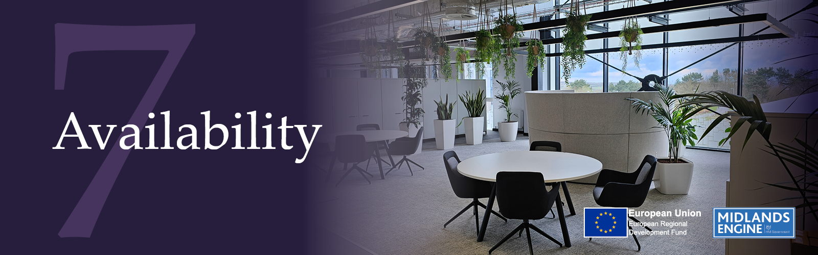 A photo of desks and tables in one of the IC7 offices. Text reads: Availability