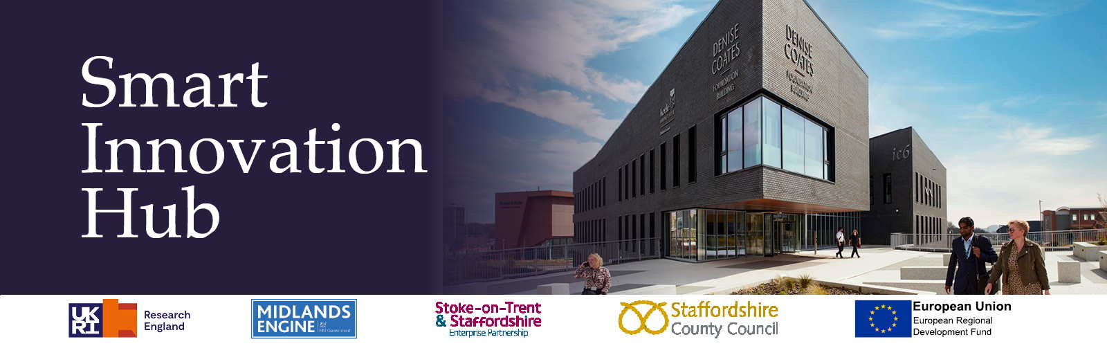 Photo of the Denise Coates Foundation Building. Accompanying text reads: Smart Innovation Hub