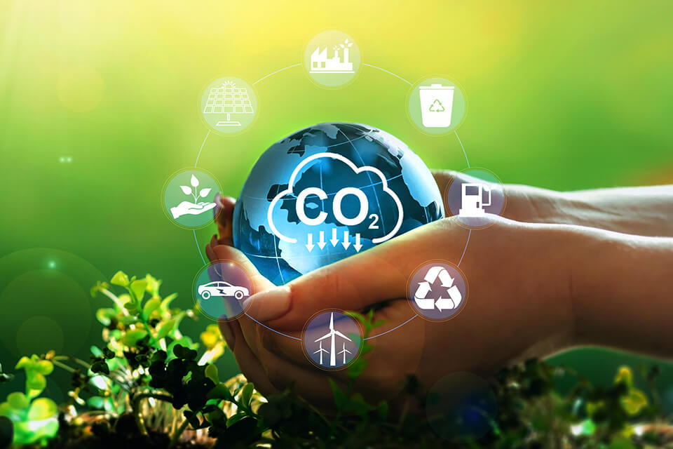 Graphic of hands holding a stylised globe with 'Co2' text and symbols circling, greenery in the background