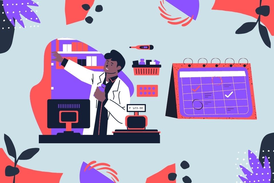Illustration of person working in a lab with planning iconography and calendars around them