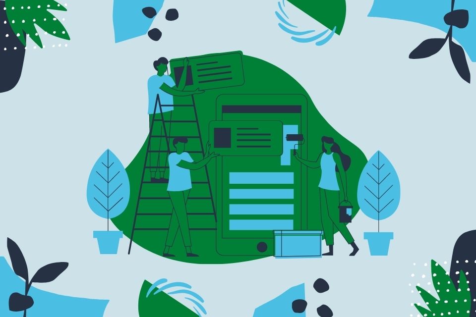 Illustration of people climbing a ladder working on a form displayed on a phone screen