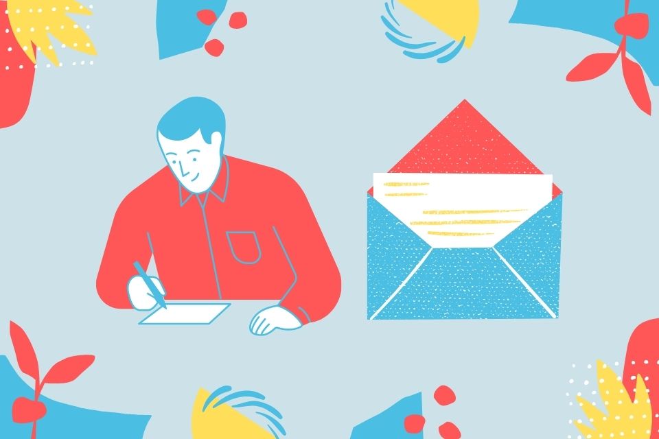 Illustration of person writing next to an envelope and letter