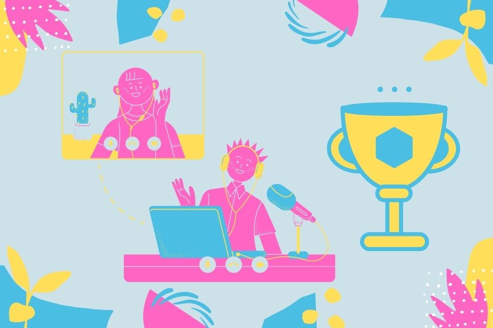 Illustration of people talking via video call next to a trophy