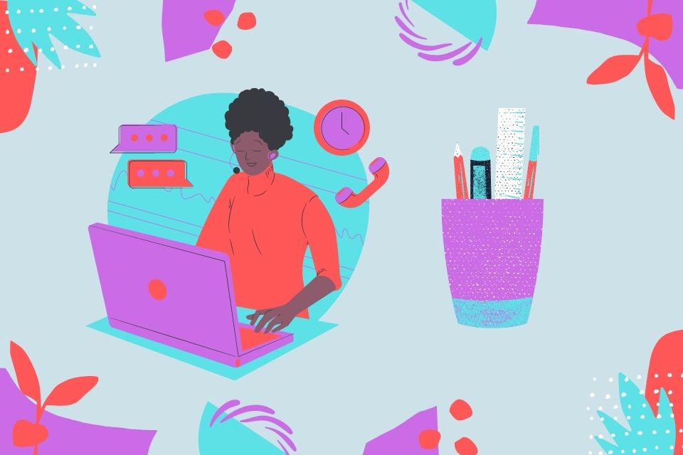 Illustration of person working on a laptop surround by stationary