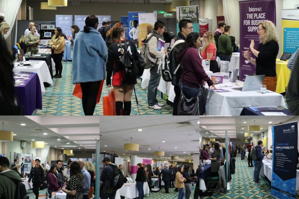 People approaching stands at a careers fair in Keele Hall