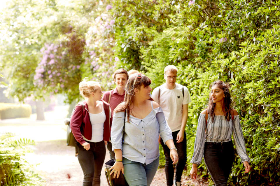 A group of students walking on campus