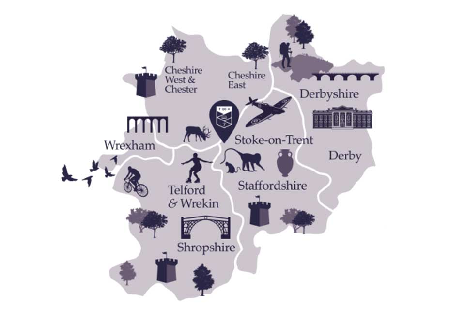 Keele region map showing the counties close to Keele University, Staffordshire, Cheshire, Shropshire, Derbyshire