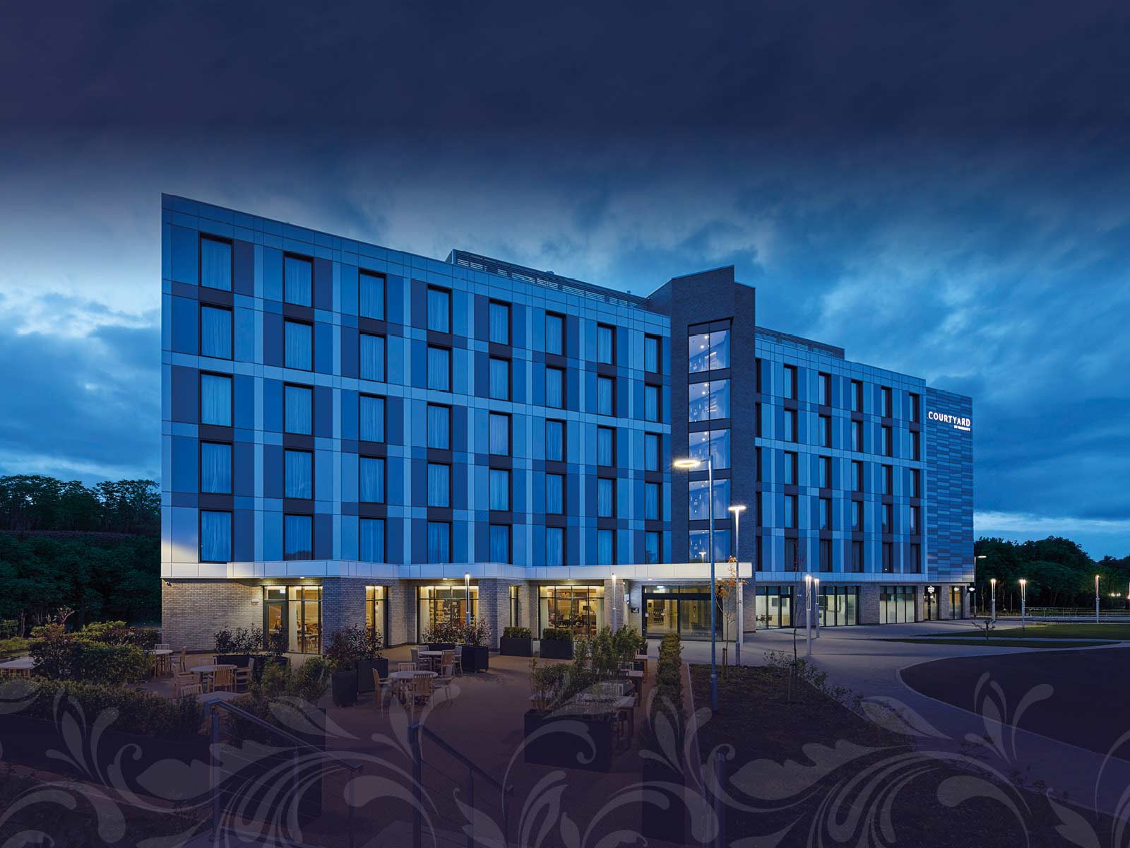 Night view of the Marriott Keele hotel