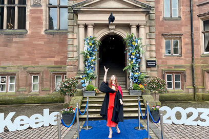 Graduate photo outside Keele Hall