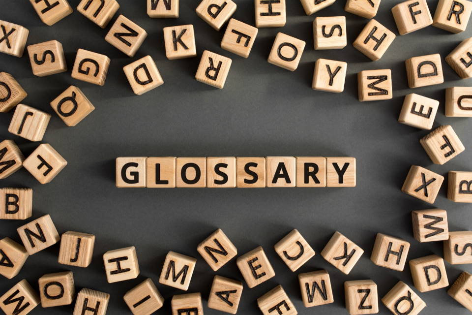 Word glossary made from scrabble letters