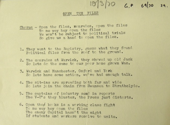 ‘Open the Files’ Keele student protest song, 1970