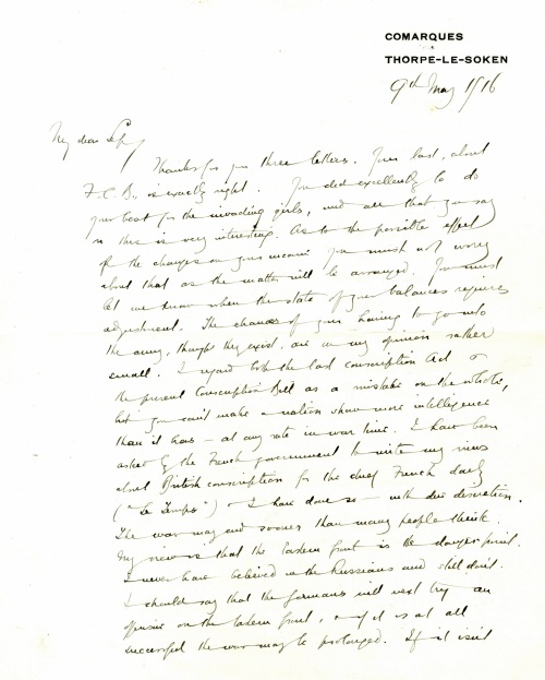 Letter, Arnold Bennett to his brother Septimus, 9th May 1916 [Eldin deposit]