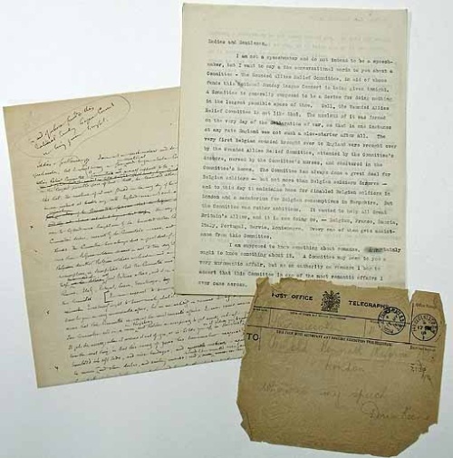 Speech, written by Arnold Bennett for Doris Keene, including telegram from Doris Keene asking “where is my speech?” 1916 [AB/G7]