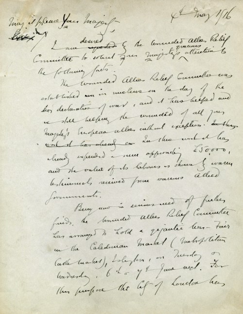 Draft letter, Arnold Bennett to King George V, 4th May 1916 [AB/G6]