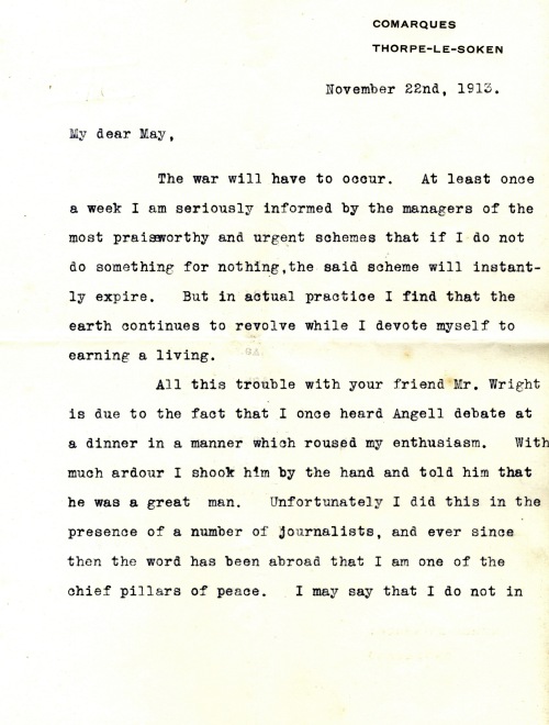 Letter, Arnold Bennett to May Marsden, 22nd November 1913 [Eldin Deposit]
