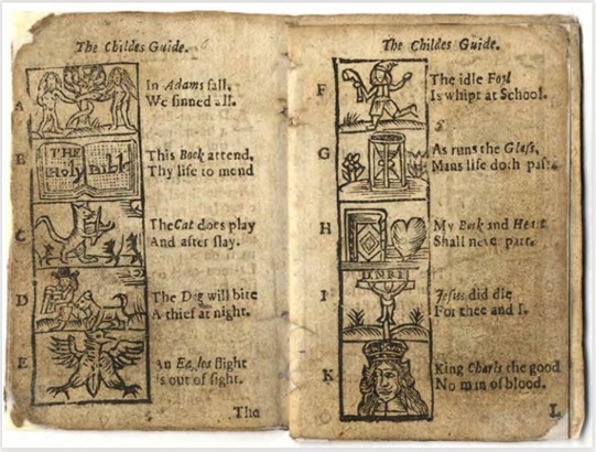 A Guide for the Childe and Youth (1667) Rhyming alphabet with woodcut illustrations