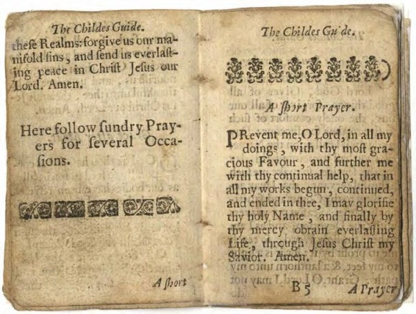 A Guide for the Childe and Youth - pages inside the Guide demonstrating the use of a catchword. ‘A Short’ can be seen on the bottom of the left page, with a ‘A Short Prayer’ being the start of the next page.